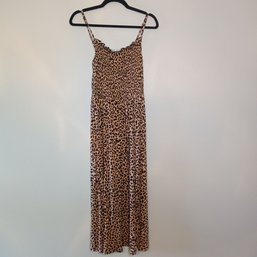 Lascana Leopard Print Midi Dress Lightweight Smocked Spaghetti Straps Size 4